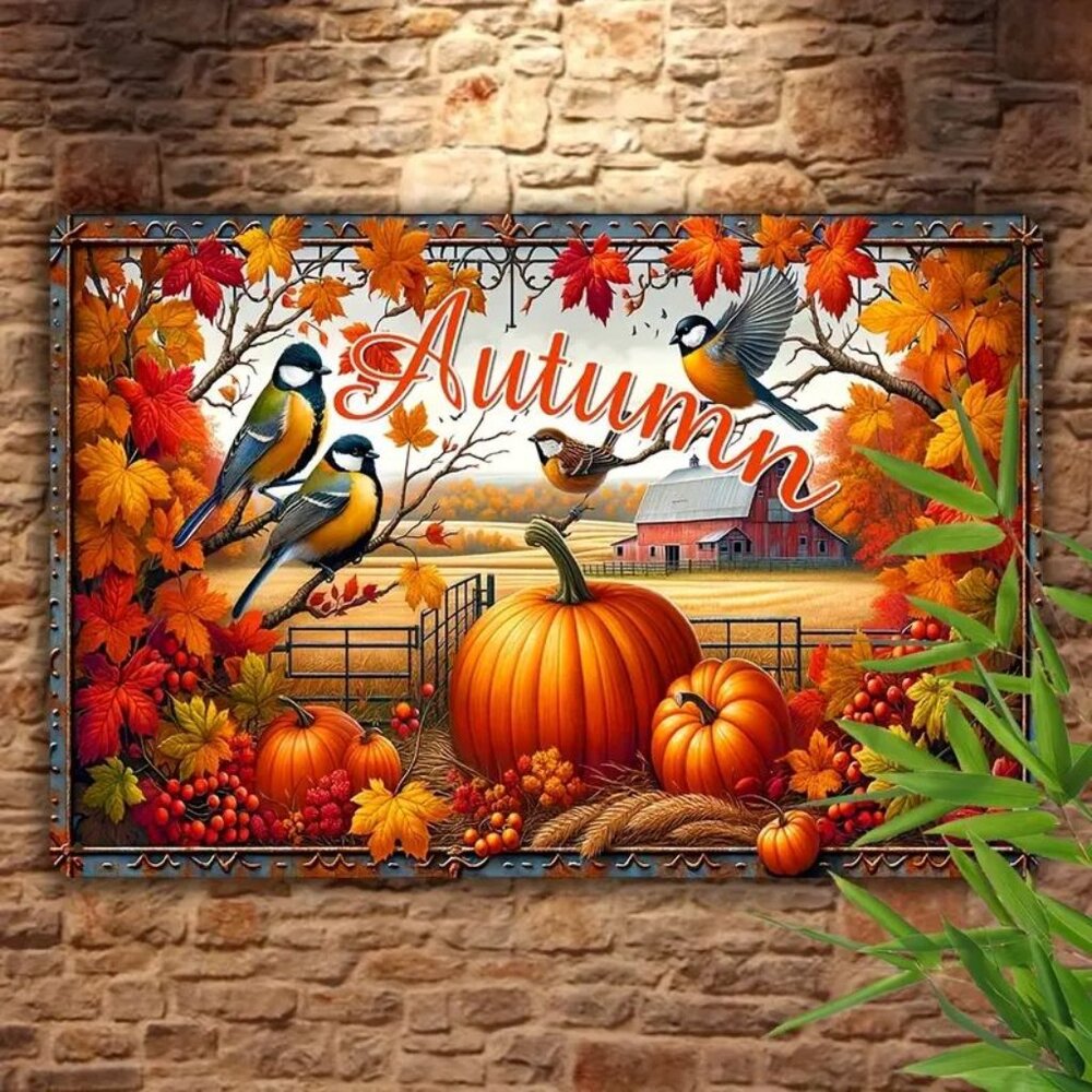 Vintage Autumn Harvest Metal Sign - Rustic Fall Farm Birds. 12x8. New in package
